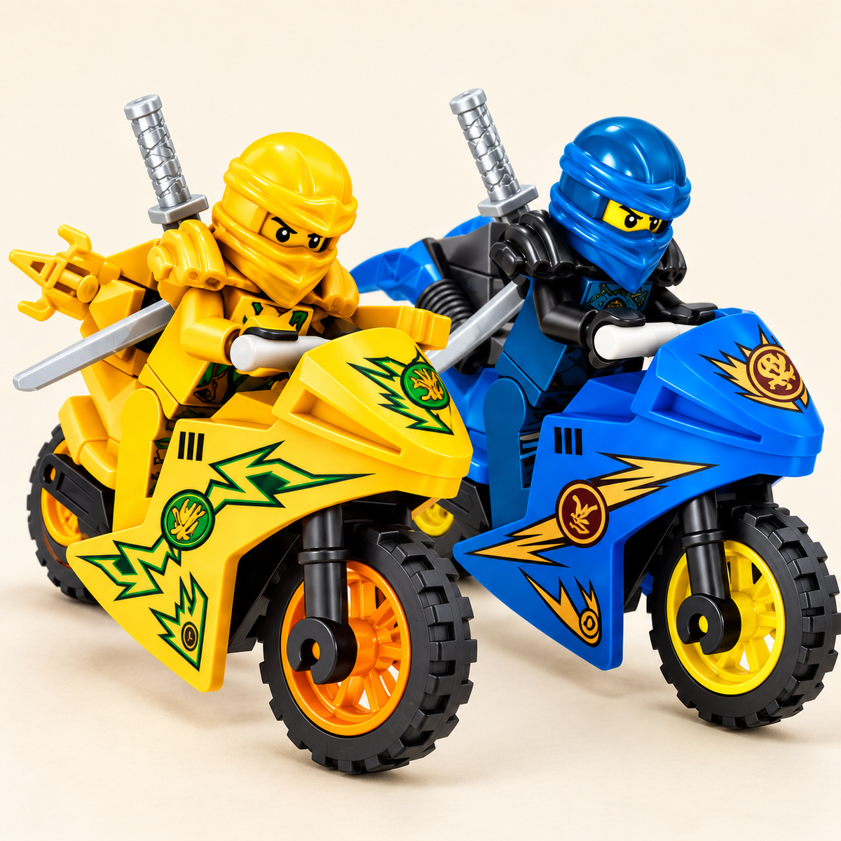 Yellow and blue motorcycle designs — Ninja Riders & Motorcycles MOC Set — 8 Figures & 8 Bikes