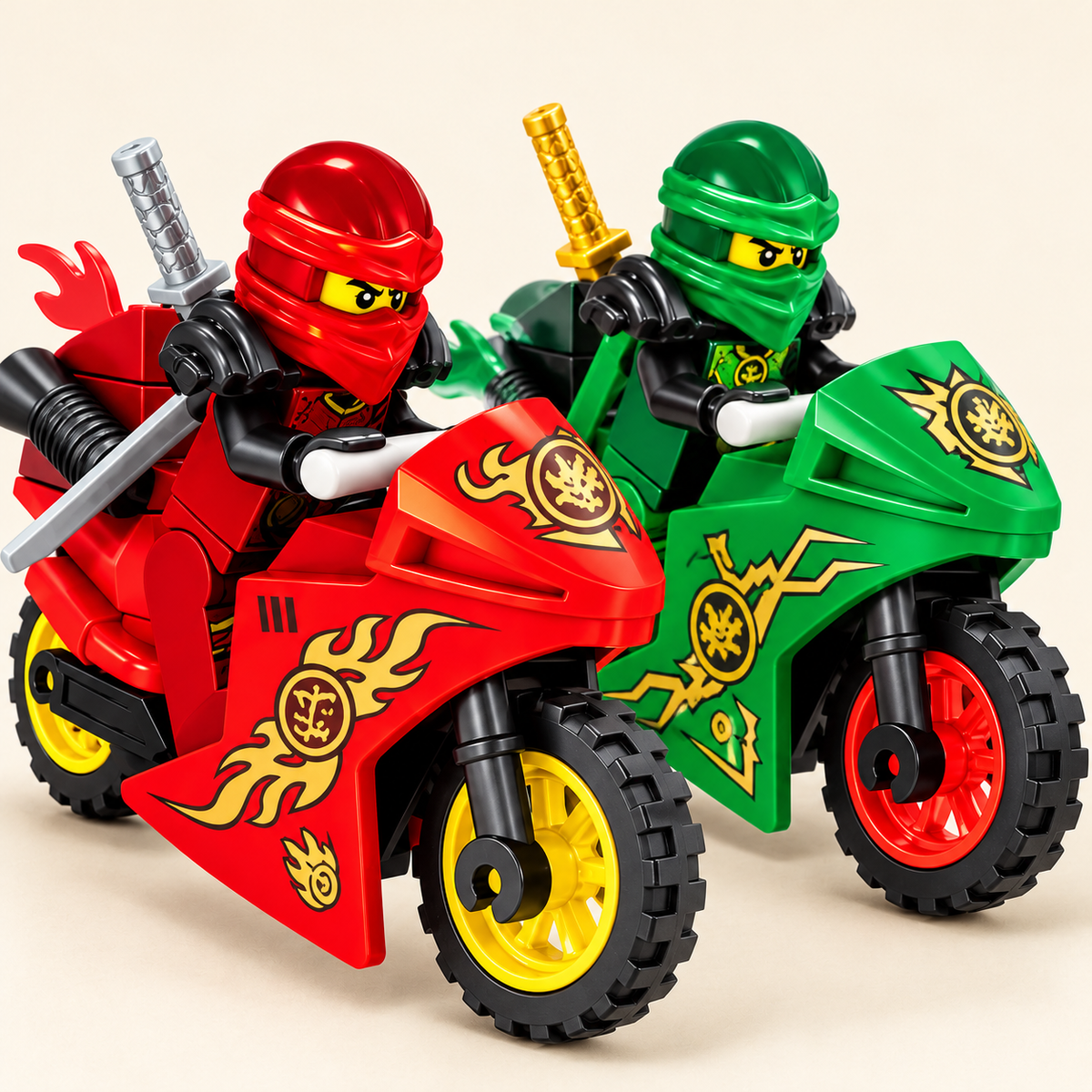 Red and green motorcycle designs — Ninja Riders & Motorcycles MOC Set — 8 Figures & 8 Bikes