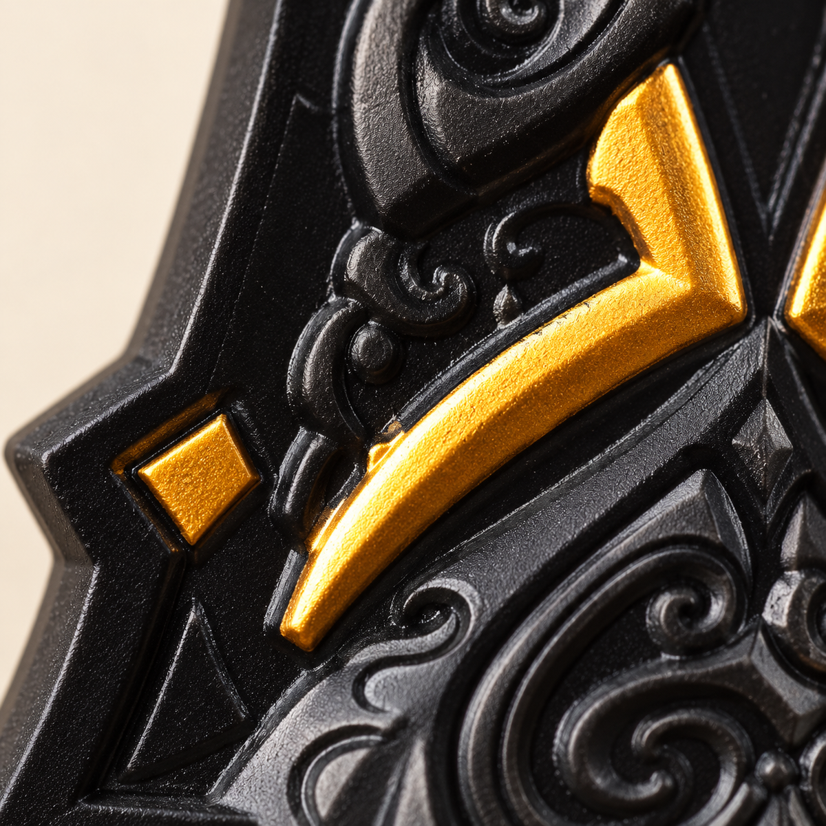 Gold shield inlay close-up — Black & Gold Armored Warrior MOC Minifigure