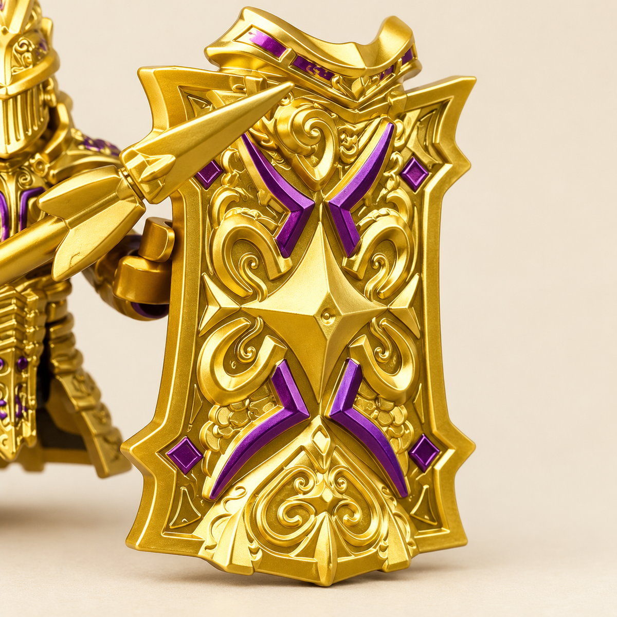 Large decorated shield — Gold & Purple Spear Warrior MOC Minifigure