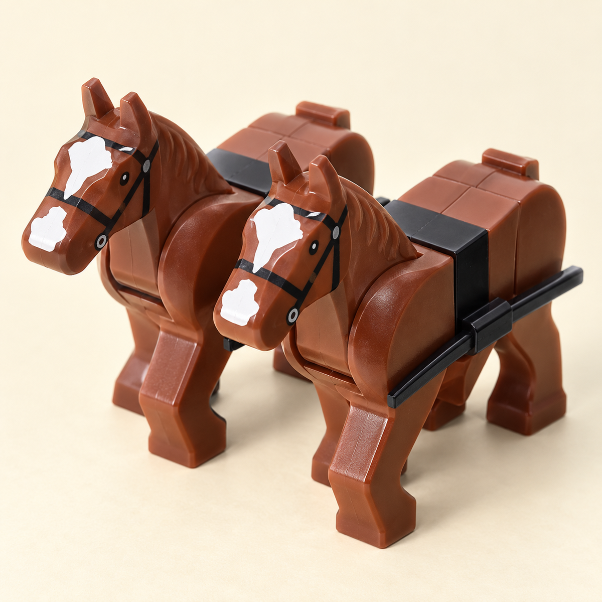 Two brown horse figures — Black-Armored Warrior Chariot MOC Display Set — 12 Figures