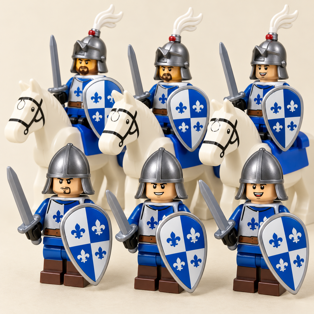 Blue-outfit defender knights — Medieval Castle Battle MOC Building Set