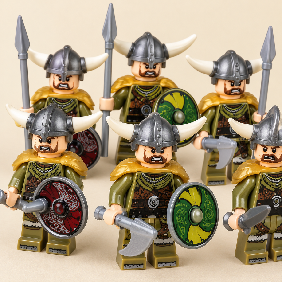 Green-outfit raider figures — Medieval Castle Battle MOC Building Set