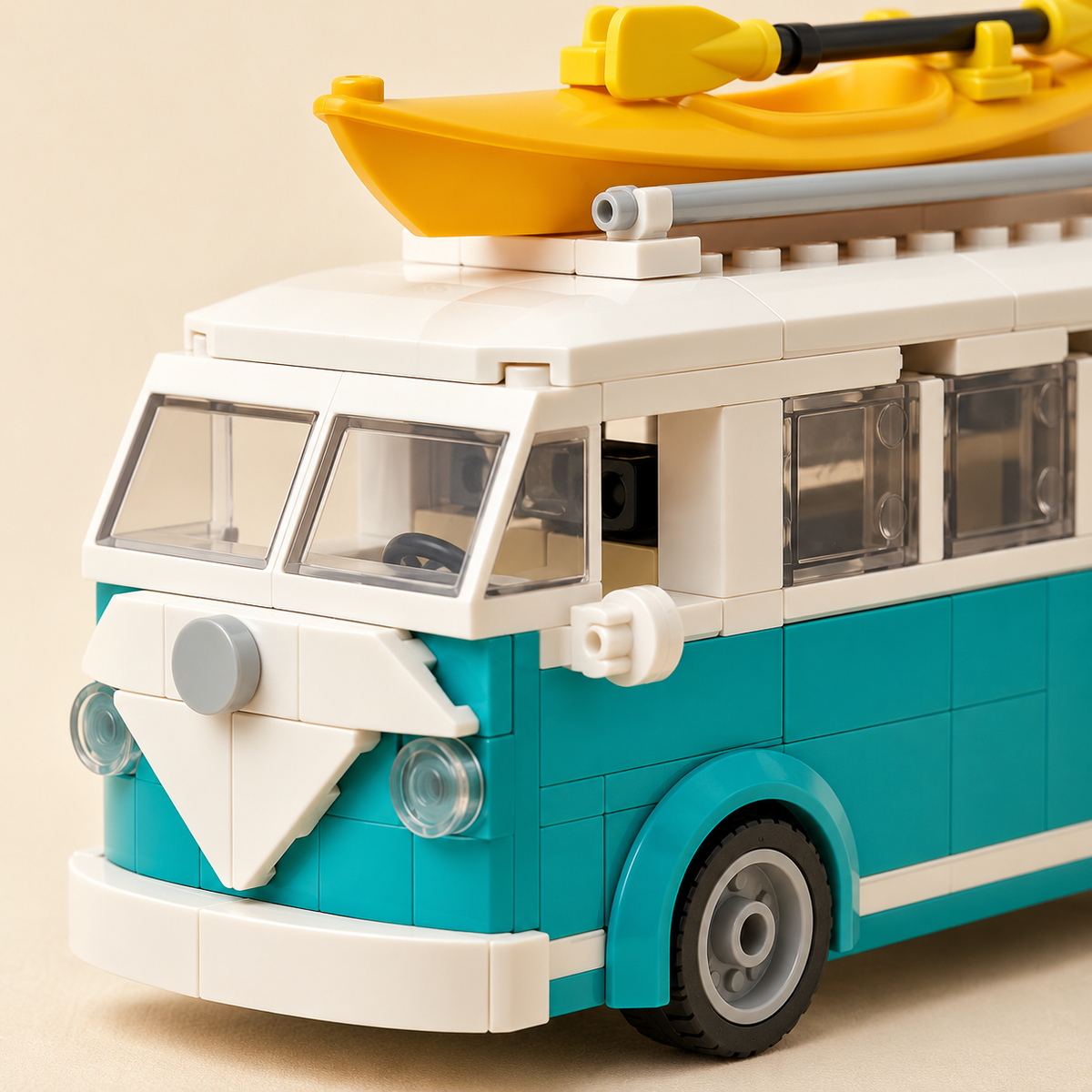 White and teal van front — Camper Van & Minifigures MOC Building Set