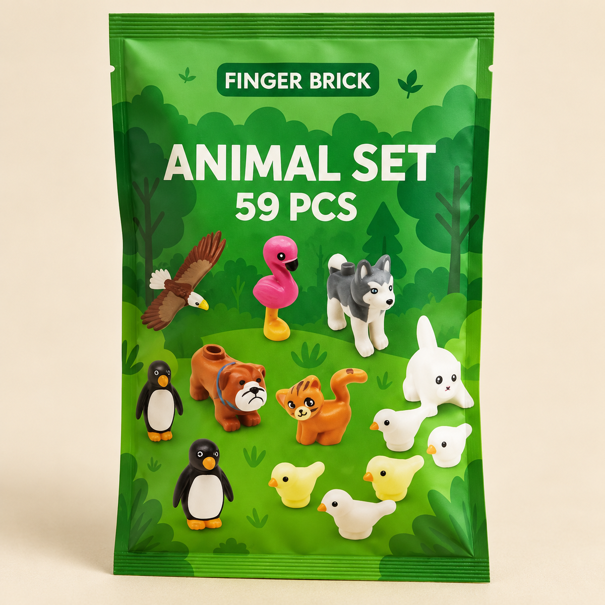 Actual green product package — Animal Figures & Scene Accessories MOC Pack — 59 Pieces