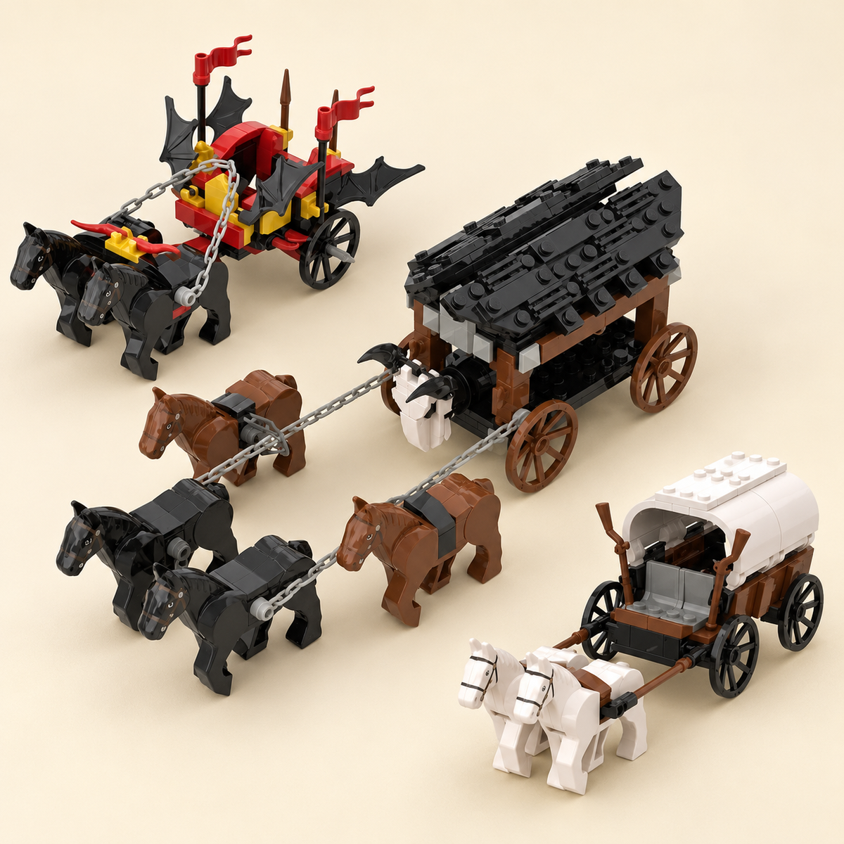 Three horse-drawn carriage designs — Medieval Horse-Drawn Carriage MOC Building Set — 3 Designs