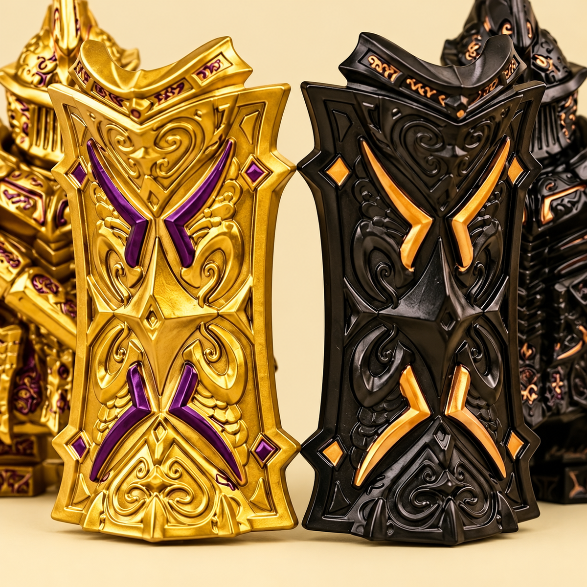Large decorated shields — Gold & Black Armored Knight MOC Set — 2 Figures