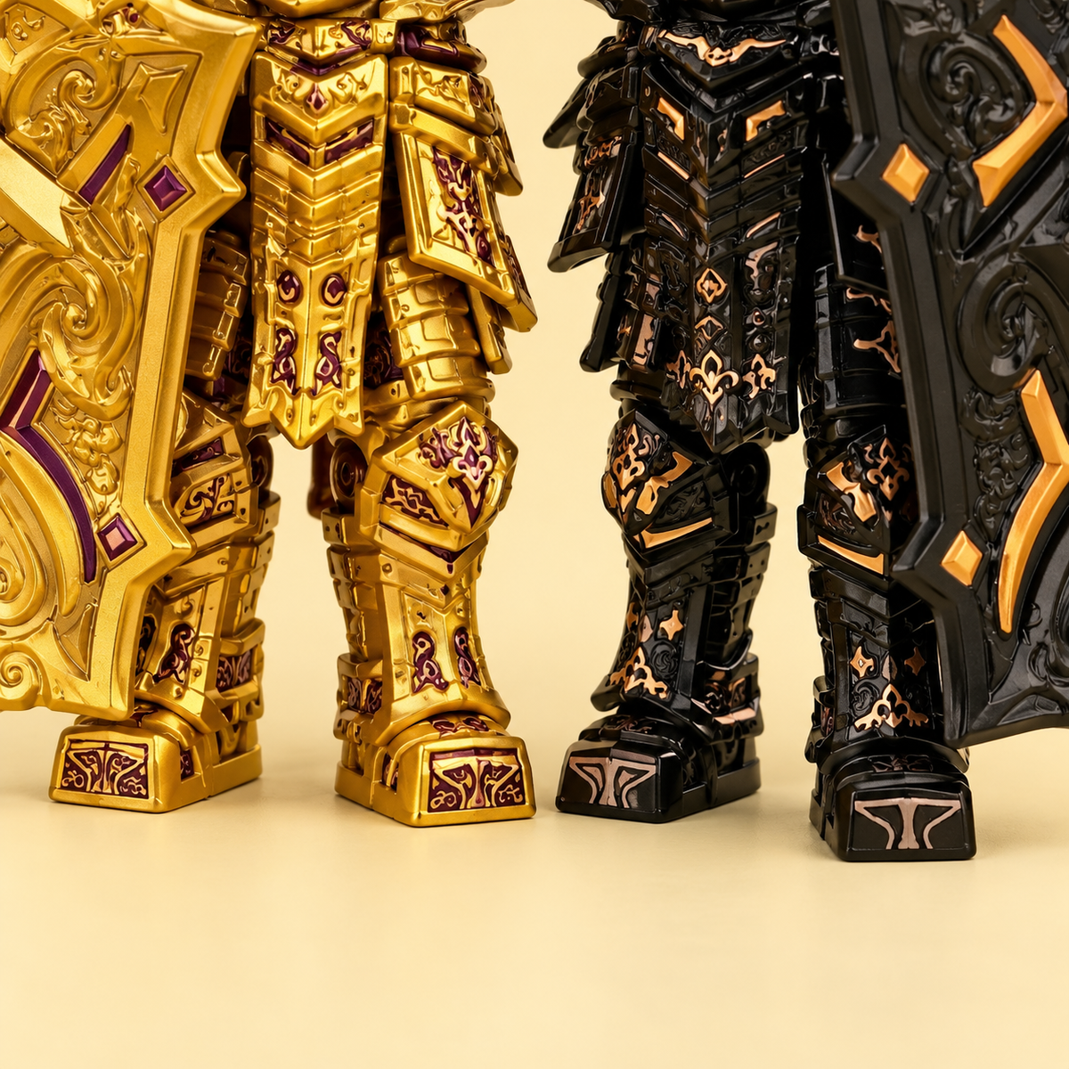 Detailed leg armor — Gold & Black Armored Knight MOC Set — 2 Figures