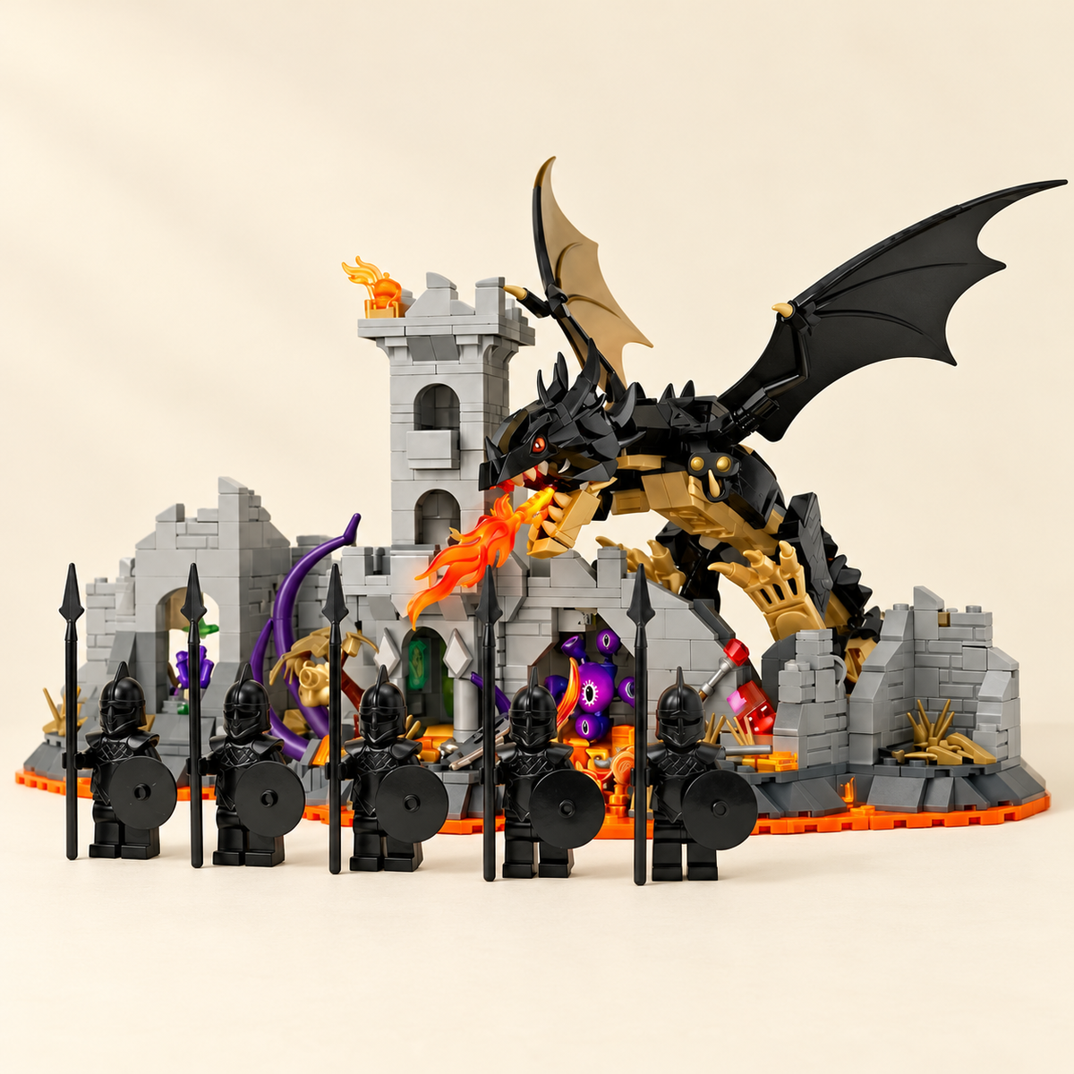 Dragon and castle ruins scene — Dragon & Castle Ruins MOC Battle Set — 5 Guard Figures