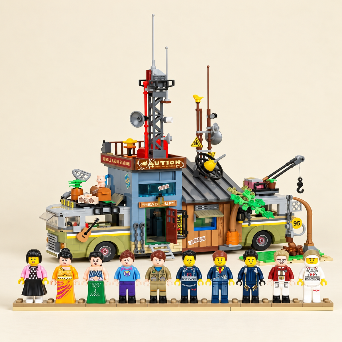 Signal station and figure lineup — Apocalypse Lab & Signal Station MOC Set — 10 Figures
