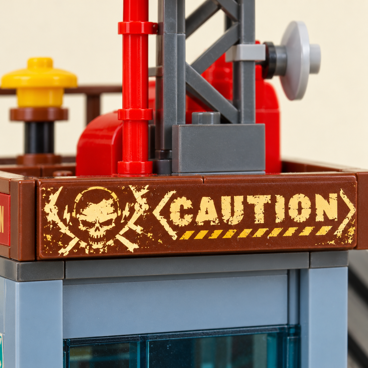 Physical printed caution sign — Apocalypse Lab & Signal Station MOC Set — 10 Figures